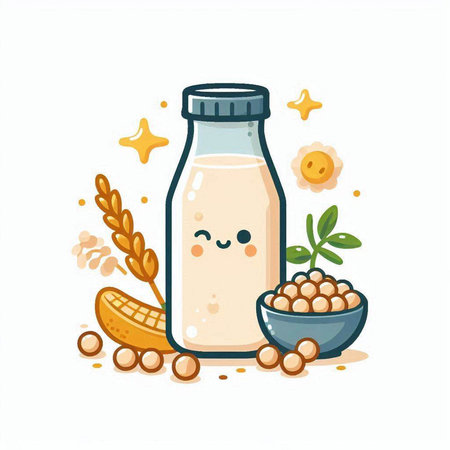 Cute cartoon soy milk in a glass bottle with beans and grains. Vector illustration.のイラスト素材