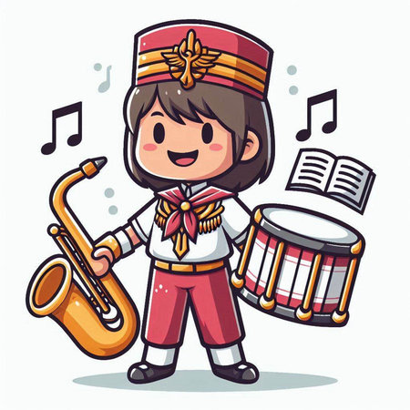 Girl playing the saxophone and drum. Vector cartoon character illustration.のイラスト素材