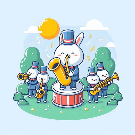 Illustration of a Cute Rabbit Playing Musical Instruments in the Parkのイラスト素材