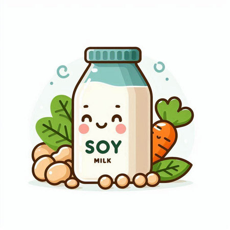 Soy milk bottle with soybean and carrot. Vector flat cartoon illustrationのイラスト素材