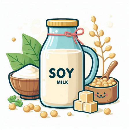 Soy milk in a glass jar, soybeans, wooden bowl and wooden spoon. Cartoon vector illustration.のイラスト素材