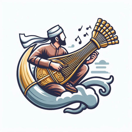 Arabic man playing the lute on the boat. Vector illustrationのイラスト素材