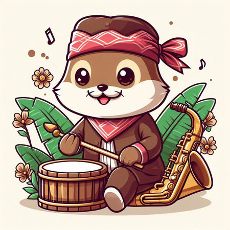 Illustration of a Cute Beaver Wearing Traditional Costume Playing Musical Instrumentのイラスト素材