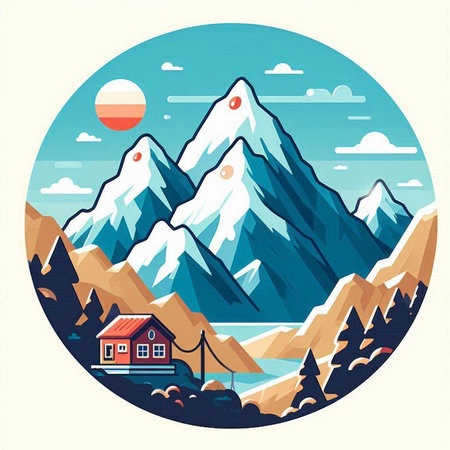 Mountain landscape with house in the middle of the valley. Vector illustration.のイラスト素材
