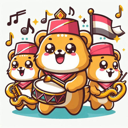 Illustration of Cute Cartoon Bear Mascot Characters Playing Musical Instrumentsのイラスト素材