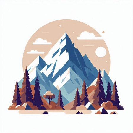 Mountains and pine trees in the flat style. Vector illustration.のイラスト素材