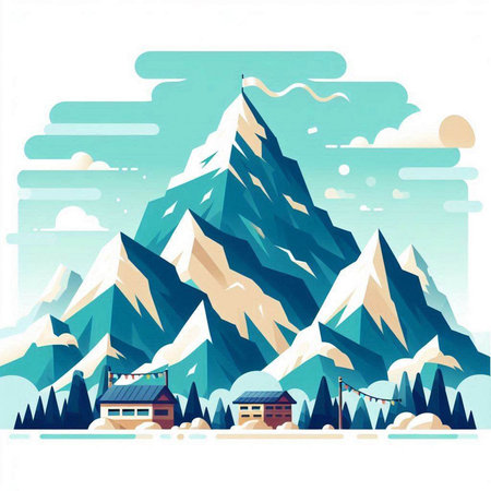 Mountains with snow and houses in flat style. Vector illustration.のイラスト素材