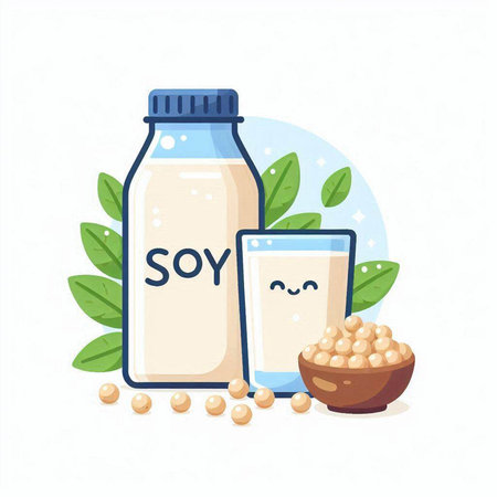 Soy milk in bottle and glass with soybean. Vector illustration.のイラスト素材
