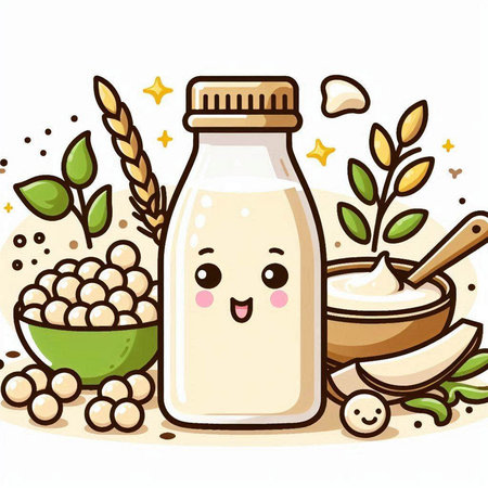 Illustration of Milk Mascot Character with Soybean and Herbsのイラスト素材