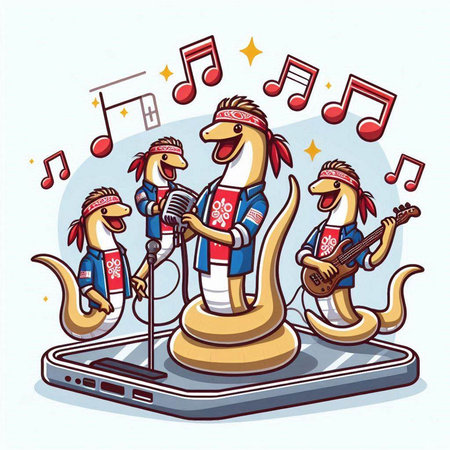 Vector cartoon style illustration of a music band playing on a smartphone.のイラスト素材