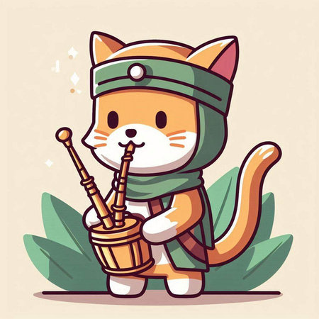 Cute cat playing the drum. Vector illustration in cartoon style.のイラスト素材