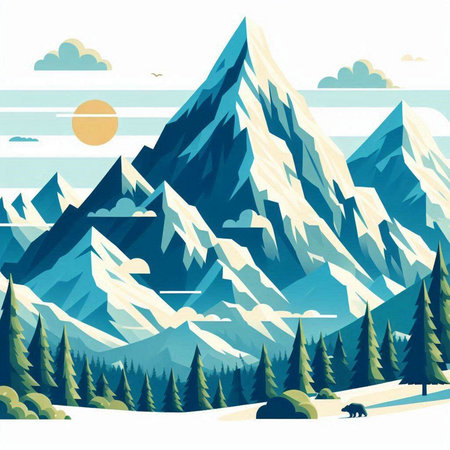 Mountain landscape in a flat style. Mountains, forest and sun. Vector illustration.のイラスト素材