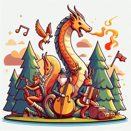 Vector illustration of a dragon playing the violin and singing in the forestのイラスト素材