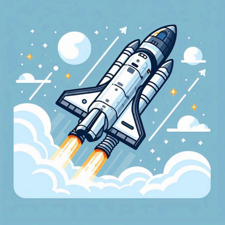 Space rocket flying in the sky. Vector illustration for your design.のイラスト素材