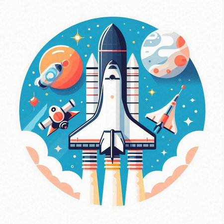 Space rocket in space. Vector illustration in flat style for your designのイラスト素材