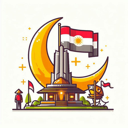 Vector illustration of eid mubarak concept with mosque, crescent moon and peopleのイラスト素材