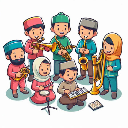 musical group of muslim kids playing musical instruments cartoon vector illustrationのイラスト素材