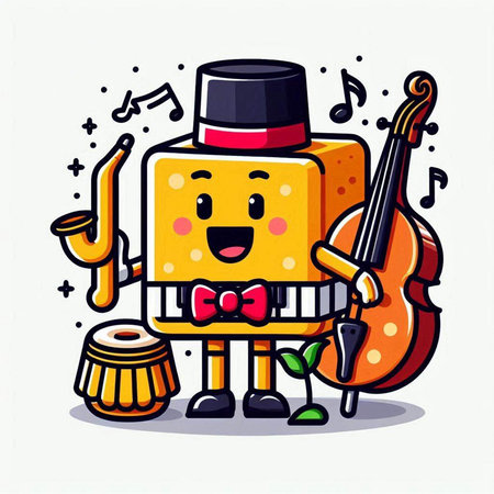 Cute Cartoon Cheese Player Character With Musical Instruments. Vector Illustrationのイラスト素材