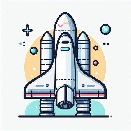Space rocket. Vector illustration in flat linear style on colorful background.のイラスト素材