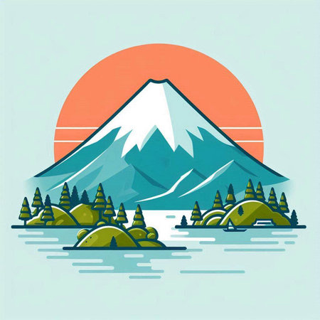 Mountains and lake in the flat style. Vector illustration for your designのイラスト素材