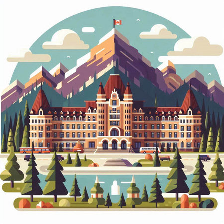 Vector illustration of a city landscape with buildings, trees, lake and mountains.のイラスト素材