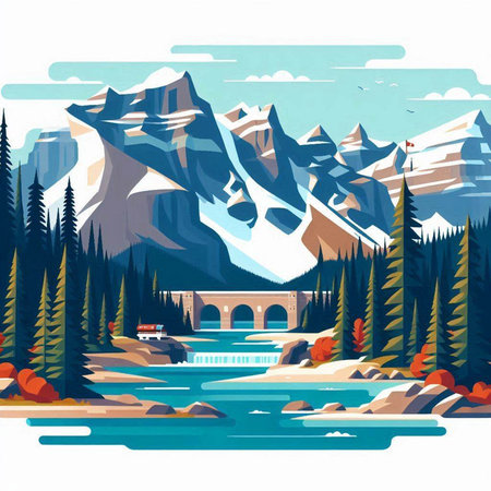 Mountains and river in the forest. Vector illustration in flat styleのイラスト素材