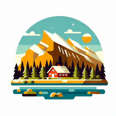 Mountain landscape with house and pine trees. Vector illustration in flat styleのイラスト素材