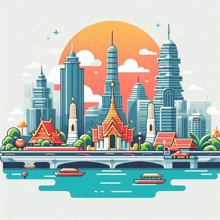 Bangkok city skyline with skyscrapers and boats. Vector illustrationのイラスト素材