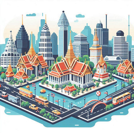 Bangkok cityscape with famous landmarks. Vector illustration in flat styleのイラスト素材