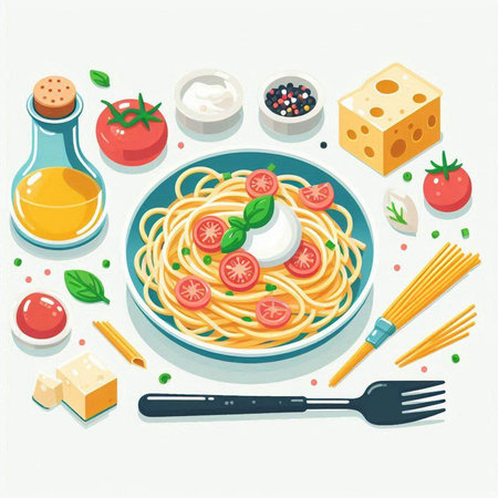 Spaghetti with tomato sauce, cheese and basil. Vector illustration.のイラスト素材