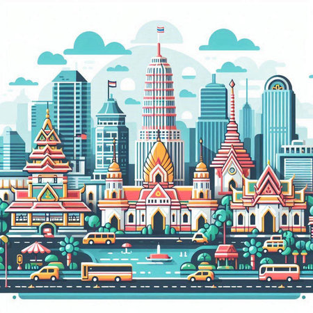 Thailand city background. Landmarks of Thailand. Vector illustration.のイラスト素材
