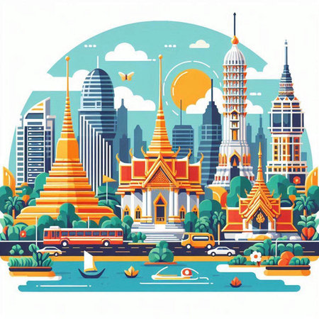 Bangkok cityscape with famous landmarks, vector illustration in flat styleのイラスト素材