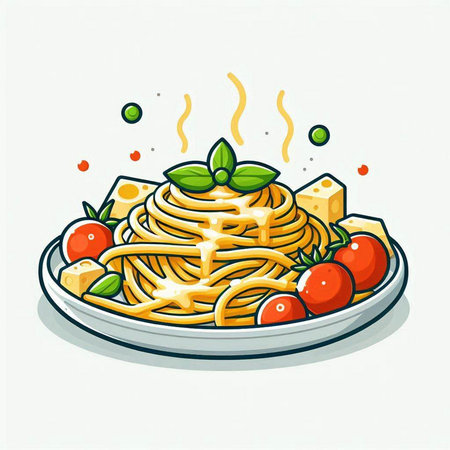 Illustration of spaghetti with tomato, cheese and basil on white backgroundのイラスト素材