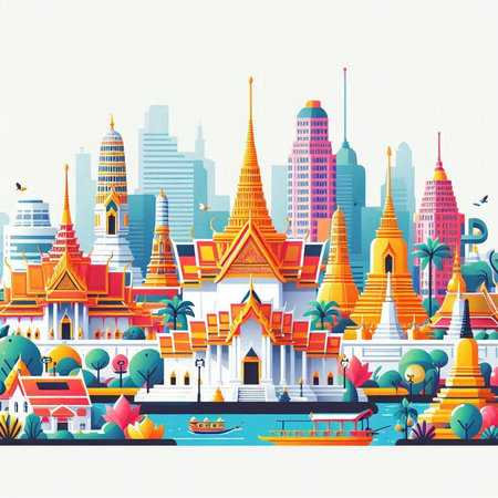 Bangkok cityscape with famous buddhist temple, vector illustrationのイラスト素材