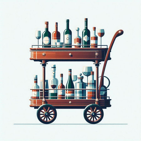 Illustration of a wine cart with bottles of wine on a white backgroundのイラスト素材