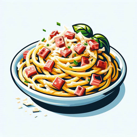 Illustration of a bowl of spaghetti with tomato sauce and parmesanのイラスト素材