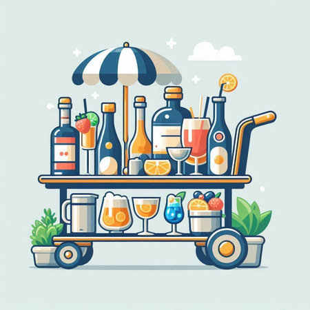 Illustration of a trolley with drinks and cocktails. Vector illustrationのイラスト素材
