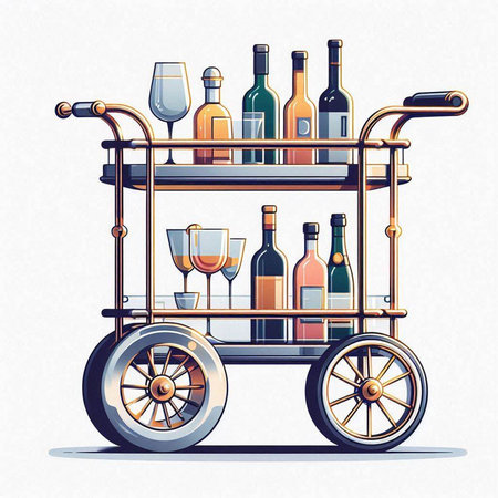 Wine cart with bottles of wine and glasses. Vector illustration.のイラスト素材