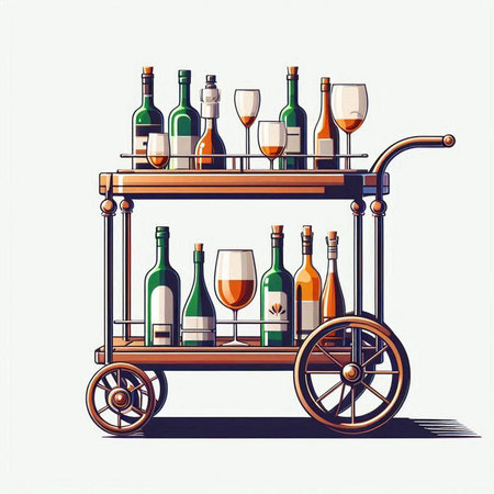 Vector illustration of a wooden cart with bottles of wine and glasses.のイラスト素材