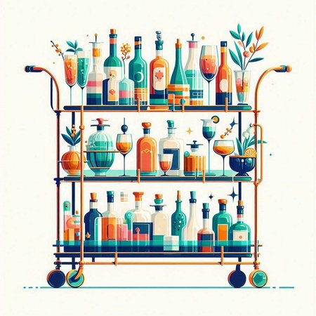 Shelves with bottles of alcohol. Vector illustration in flat styleのイラスト素材