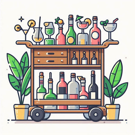 Cocktail bar with bottles and glasses. Vector illustration in flat styleのイラスト素材