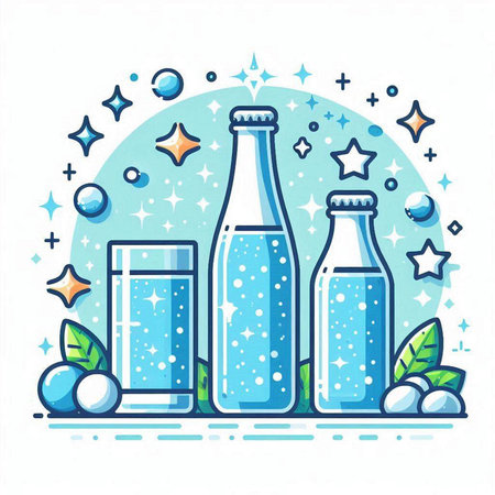 Bottles of water and bubbles on a white background. Vector illustration.のイラスト素材