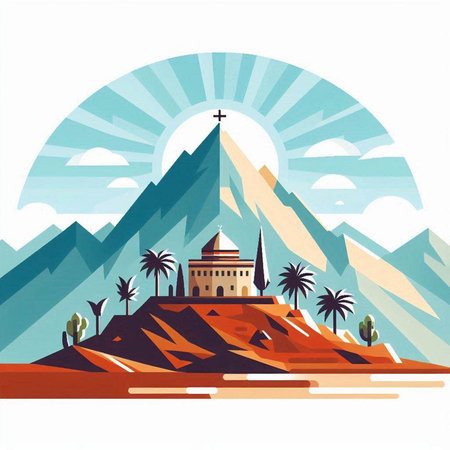 Egypt vector illustration. Landscape with mountains, palms and mosque.のイラスト素材