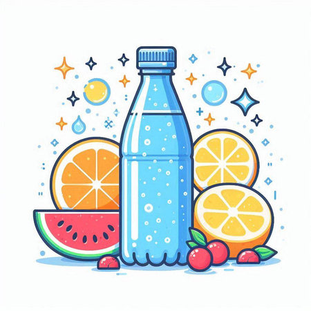 Water bottle with fresh water and fruits. Hand drawn vector illustration.のイラスト素材