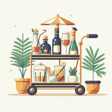 Cocktail bar stand with alcohol drinks. Vector flat illustration.のイラスト素材