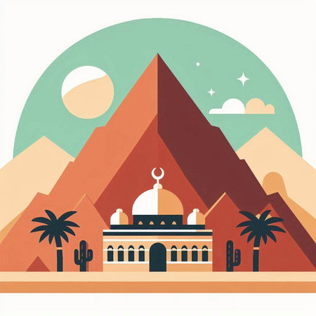 Vector illustration of egyptian pyramids with mosque and cactiのイラスト素材