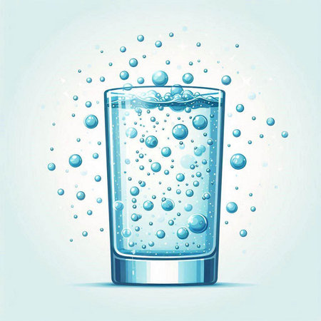 Glass of water with bubbles on light blue background. Vector illustration.のイラスト素材