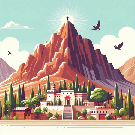 Mountain landscape with monastery and pagoda. Vector illustration in retro styleのイラスト素材