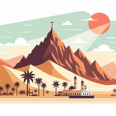 Egypt landscape with mountains, palms and mosque. Vector illustration in flat styleのイラスト素材