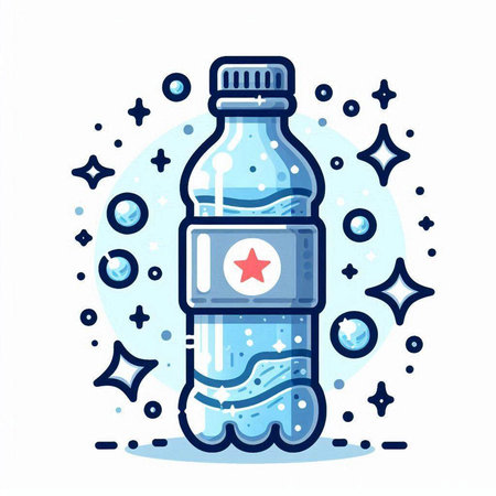 Bottle of water with star and bubbles. Hand drawn vector illustration.のイラスト素材
